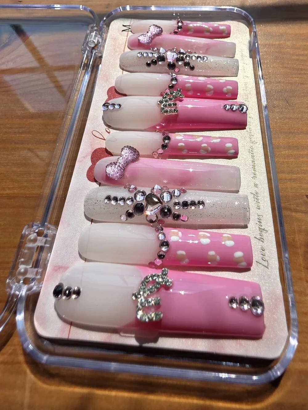 💖 HANDMADE Acrylic Press On Nails | Pink Rhinestone Long Square  SIZE Medium